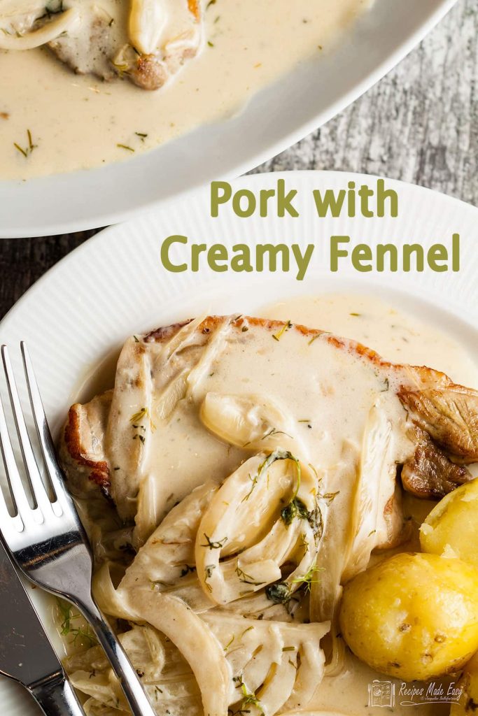 pork with creamy fennel served on a white plate with new potatoes.
