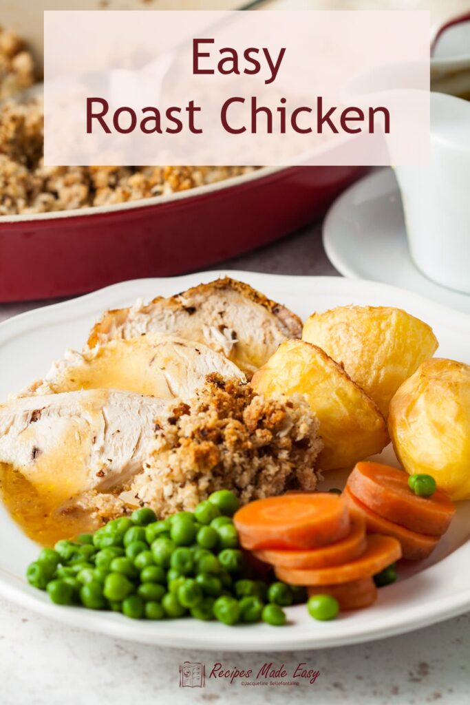 roast chicken on plate with vegetables and stuffing.