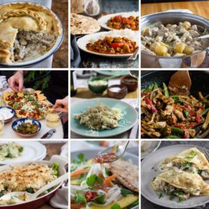 collage of 9 leftover roast chicken recipes.