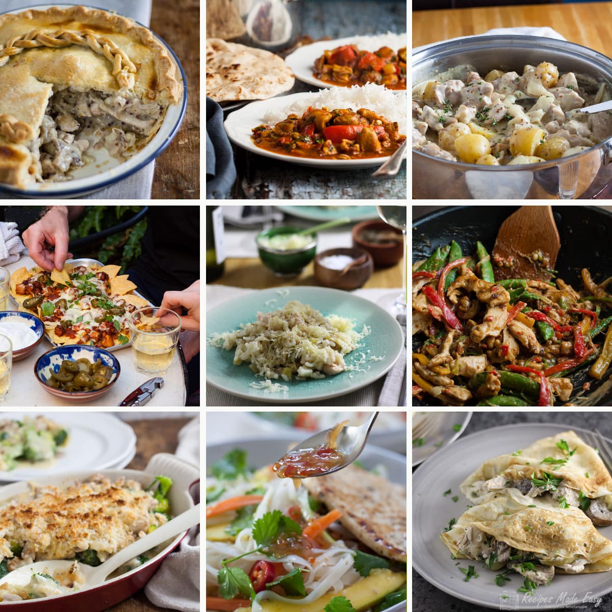 collage of 9 leftover roast chicken recipes.