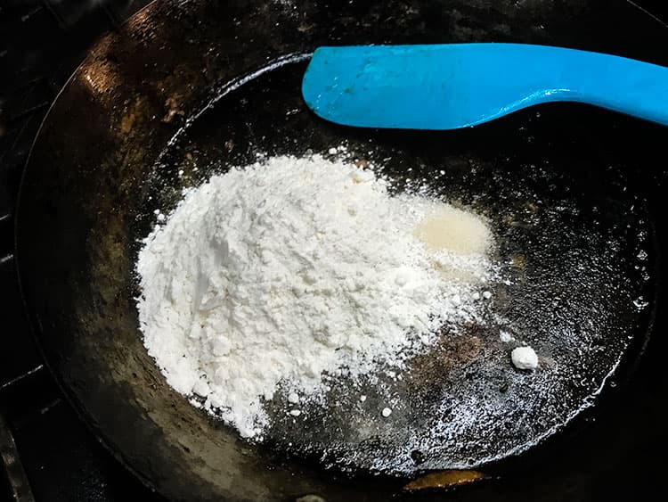 sugar and flour in frying pan.
