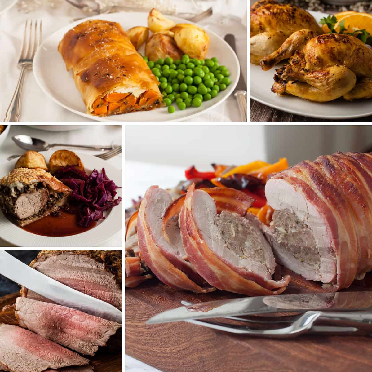 collage of alternative Christmas dinners, carrot, strudel, roast poussin, pork wellington, roast beef and stuffed tolled pork tenderloin.