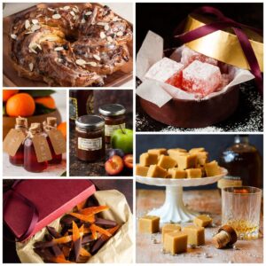 collage of edible gifts: Pecan and cranberry couronne, Turkish delight, clementine and cranberry gin, Plum and apple Chutney, candied orange peel and whisky fudge